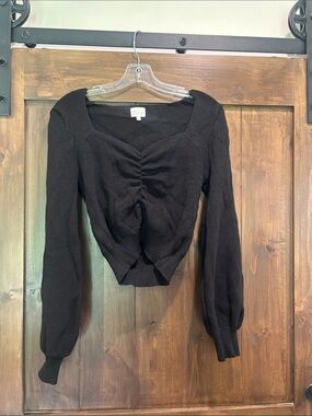 A48 Dee Elly Ruche Square-Neck Long Sleeve Knit Top - Black Size Large
